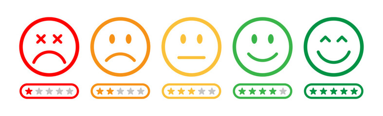 Smiley icons showing feedback levels with star ratings. Customer satisfaction scale from very bad to excellent. Colorful emojis for review, survey, and user experience. Icons, feedback, rating emoji.