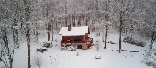 A cozy cabin nestled in a snow covered winter wonderland