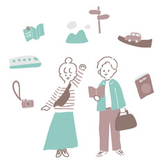 日本人男女と国内旅行のイメージイラスト　くすみカラー