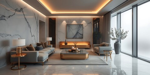 Long exposure photograph of a high-end luxury modern minimalist living room with marble textures, gold accents, elegant furniture, and ultra-realistic lighting. Thick foggy surroundings, motion blur, 