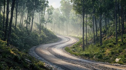 Obraz premium A winding gravel track meanders through a tranquil forest, bathed in soft sunlight and surrounded by lush greenery. Perfect for nature enthusiasts.