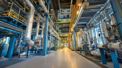 Fototapeta premium Industrial power plant interior, showcasing complex machinery and piping.