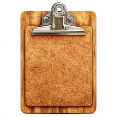Brown Wooden Clipboard with Metal Clip on White Background