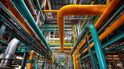 Colorful industrial pipes crisscross a complex factory interior.