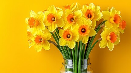 Obraz premium Cheerful Yellow and Orange Daffodil Bouquet in Glass Jar