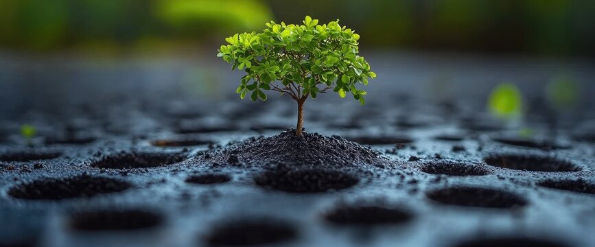 Seedling grows, dark soil below. A backdrop with many small holes and greenery above