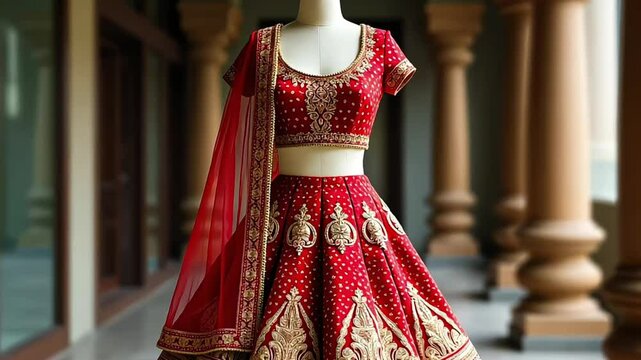 Traditional red Indian dress on mannequin, fashion, culture, and bridal elegance