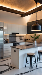 sleek modern kitchen with black accents white glossy marble flooring hidden lights classic cabinetry and minimalist luxurious design style premium photo inspiration