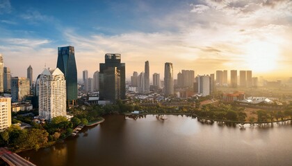 Obraz premium Urban Sunrise Over Lake Serenity Bangkok ideal for architectural digest feature spreads