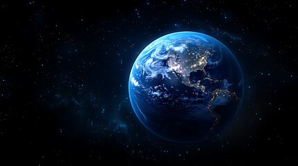 Fototapeta premium Earth in Space with Starry Background, A serene view of Earth from space, surrounded by stars in a dark, vast universe