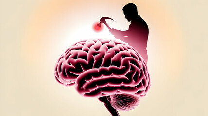 Conceptual Illustration of Human Brain Undergoing Destructive Force with Hammer and Light Emphasis