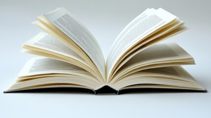 Open book with slightly blurred pages. Center view, soft lighting, set on a plain surface