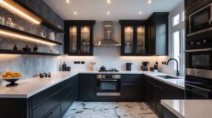 white marble kitchen floor design with black cabinet hidden lighting minimalist elegant classic style luxurious modern clean setup detailed calm aesthetic appearance premium photo inspiration