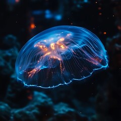 Fototapeta premium Glowing jellyfish underwater, bioluminescent