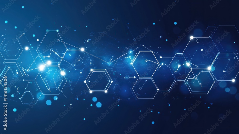 Poster abstract network of interconnected hexagonal shapes.