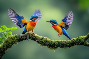 Obraz premium Two colorful birds are perched on a moss covered branch