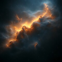 Naklejka premium Glowing orange nebula in dark space, cosmic clouds