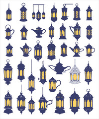 ramadan lanterns. islamic line lantern, arabic lamps silhouettes vintage egyptian moroccan dubai eastern lamp for islamic mosque or arabian lighting, vector illustration of lantern to ramadan