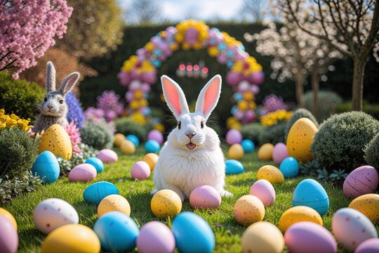 Cheerful Easter Celebrations with Festive Decorations in a Bright Garden