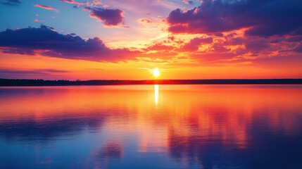 Obraz premium Stunning sunset over tranquil lake with vibrant colors reflecting on water