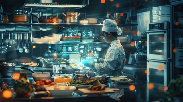 A chef in a bustling kitchen with an AI assistant as a digital recipe book providing innovative culinary techniques. Various dishes in background. AIG60