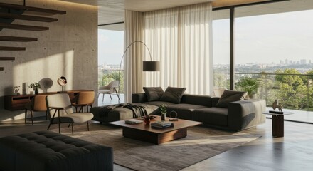 Interior view of a modern living room with furniture and large windows.