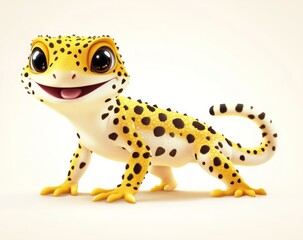 Smiling yellow lizard with black spots and a curled tail