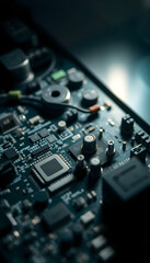 close up of a circuit board with many components