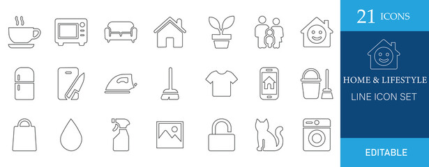 A clean and modern line icon set featuring 21 editable vector icons themed around home and lifestyle. Perfect for apps, websites, infographics, and digital design projects