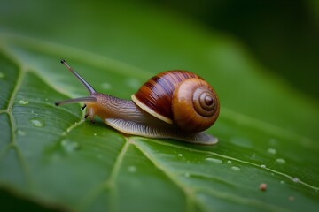 Close-up of a Snail Crawling on a Wet Leaf