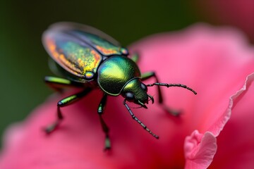 Macro Shot of a Beetle with Iridescent Wings on a Petal