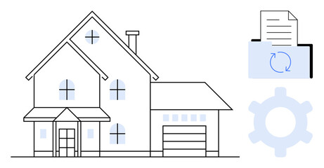 Modern house graphic with document folder and refresh symbol cogwheel representing automation. Ideal for real estate, technology, smart systems, home upgrades, automation, property management, data