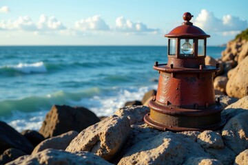 Rusty metal lighthouse beam on a rocky shore, shore, coastal, beam