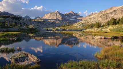 A beautiful mountain lake reflecting the surrounding natural environment