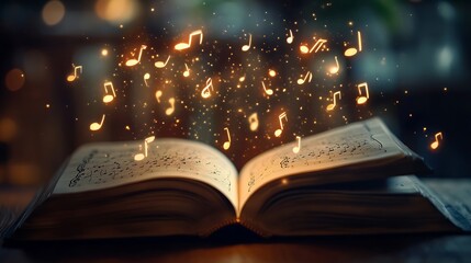 Music Notes Flowing From Open Book with Magical Effect