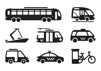 City Vehicles Public Transport Icons - Vector Set Featuring Buses, Taxis, Trains, and Boats