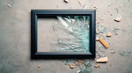 shattered picture frame lies concrete surface, surrounded by broken glass and wooden fragments, evoking sense of chaos and loss. contrast between frame and debris highlights fragility of memories