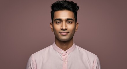 Fototapeta premium Man smiles wearing a pink shirt against a pink background in a portrait.
