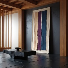 Zen-inspired interior with vertical fabric wall art and black slate tea table in Japanese minimalist style