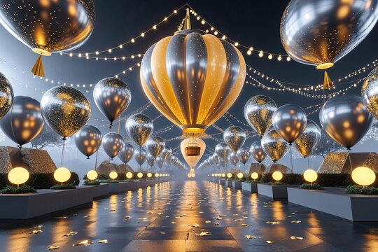 Exquisite Digital Design of a Vibrant Balloon Festival Atmosphere in Grey and Gold