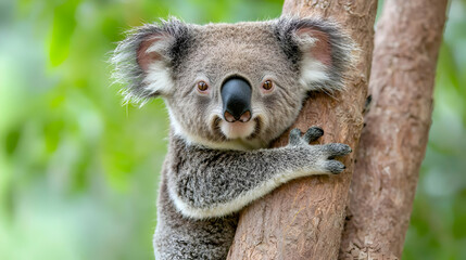 Fototapeta premium Adorable koala clinging to tree trunk in lush green habitat