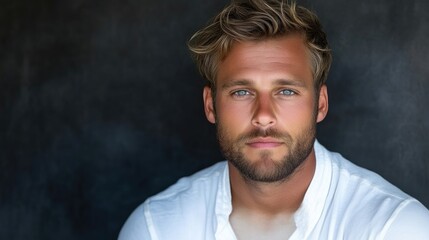 Fototapeta premium Close-up portrait of a man with light brown hair and a light complexion, wearing a white shirt, looking directly at the camera