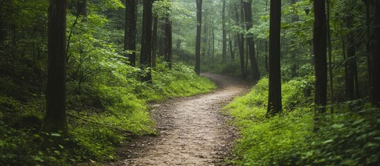 Fototapeta premium A winding path leads through a verdant and misty woodland scene