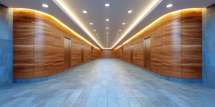 Long interior hallway with parallel ceiling spotlights wooden wall panels and smooth tiled flooring representing symmetrical modern design and clean architecture
