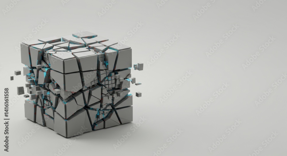 Poster shattered cube abstract 3d render: grey geometric structure exploding into fragments against a white
