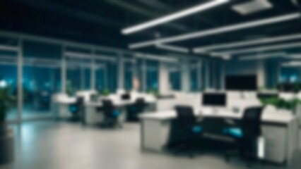 Fototapeta premium At night beautiful Abstract blurred office interior room. blurry working space with defocused effect