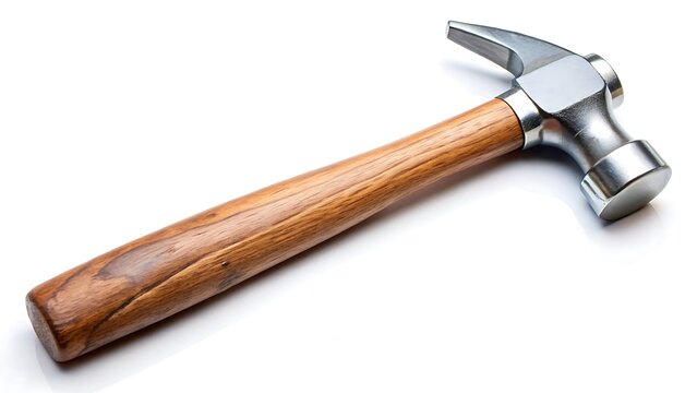 a classic hammer with a wooden handle and a metal head on white background
