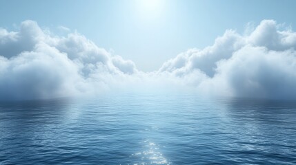 Serene blue ocean reflects sunlight beneath fluffy clouds under a bright sky in beautiful weather