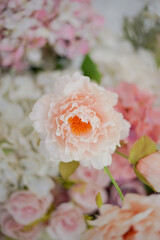 Charming peach blossom in soft focus, with blurred pastel florals in the background, ideal for...