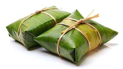 a food item wrapped in a banana leaf on white background